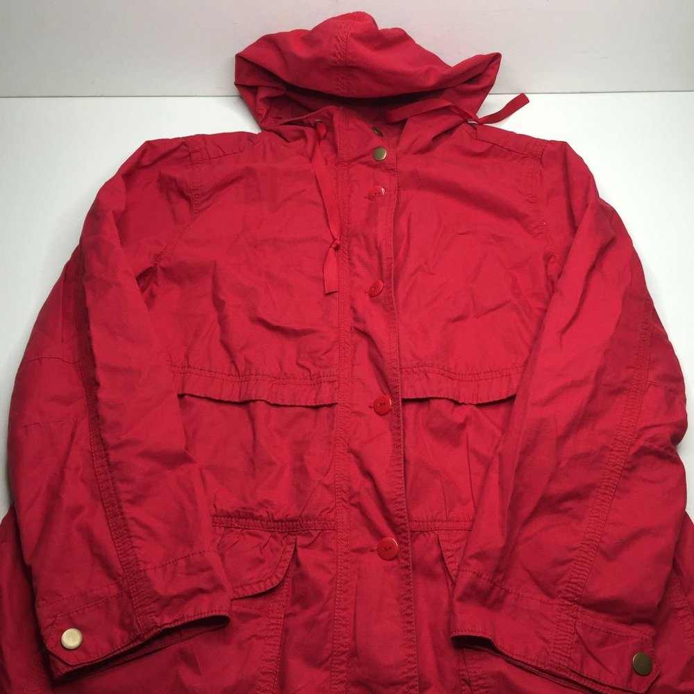 Style & Co Womens Red Jacket Coat Pockets Zipper Snap Hood Drawstring Size Large